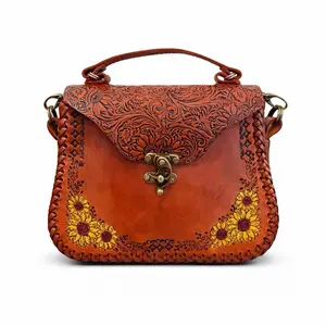 Handmade Tooled Leather Sunflower Purse Western Floral Leather Handbag Butterfly Artisan Crossbody Bag
