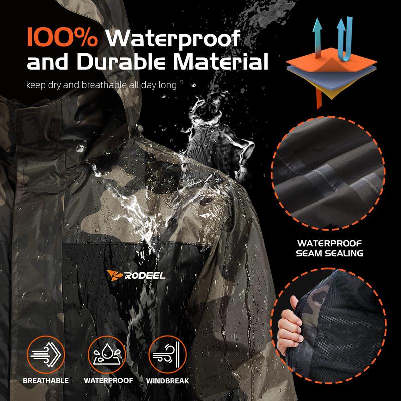【RODEEL】702 Waterproof Jacket and Pants Set Men Lightweight Breathable Full Zip Hooded Rain Coat Durable Rain Suit Weatherproof Rainwear Windbreaker For Outdoor Sports Hiking Camping Fishing Boating Construction Landscaping Gardening, Holiday Gift
