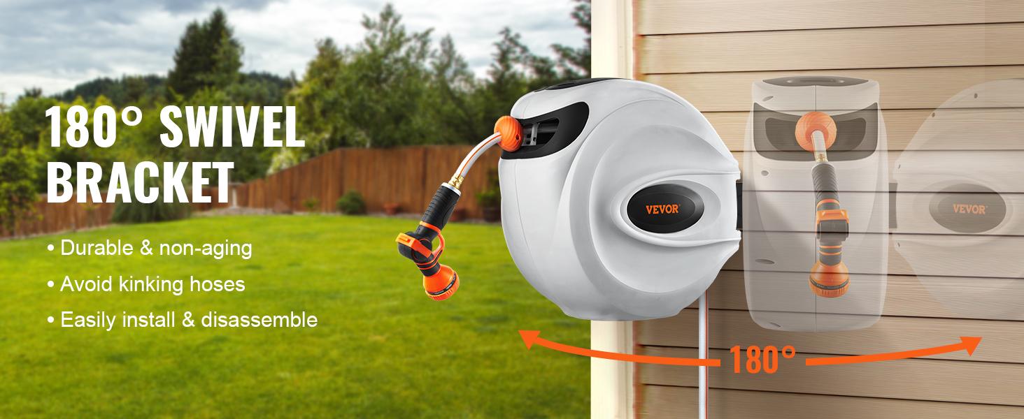VEVOR Retractable Hose Reel, Max 130 FT / 115 FT / 100FT / 65FT / 84FT Garden Water Hose Reel with 9-Pattern Nozzle, 180° Swivel Bracket Wall-Mounted, Automatic Rewind, Lock at Any Length, with Slow Return System VEVOR Super Brand Day VEVOR Retractable Hose Reel, Max 130 FT / 115 FT / 100FT / 65FT / 84FT Garden Water Hose Reel with 9-Pattern Nozzle, 180° Swivel Bracket Wall-Mounted, Automatic Rewind, Lock at Any Length, with Slow Return System VEVOR Super Brand Day