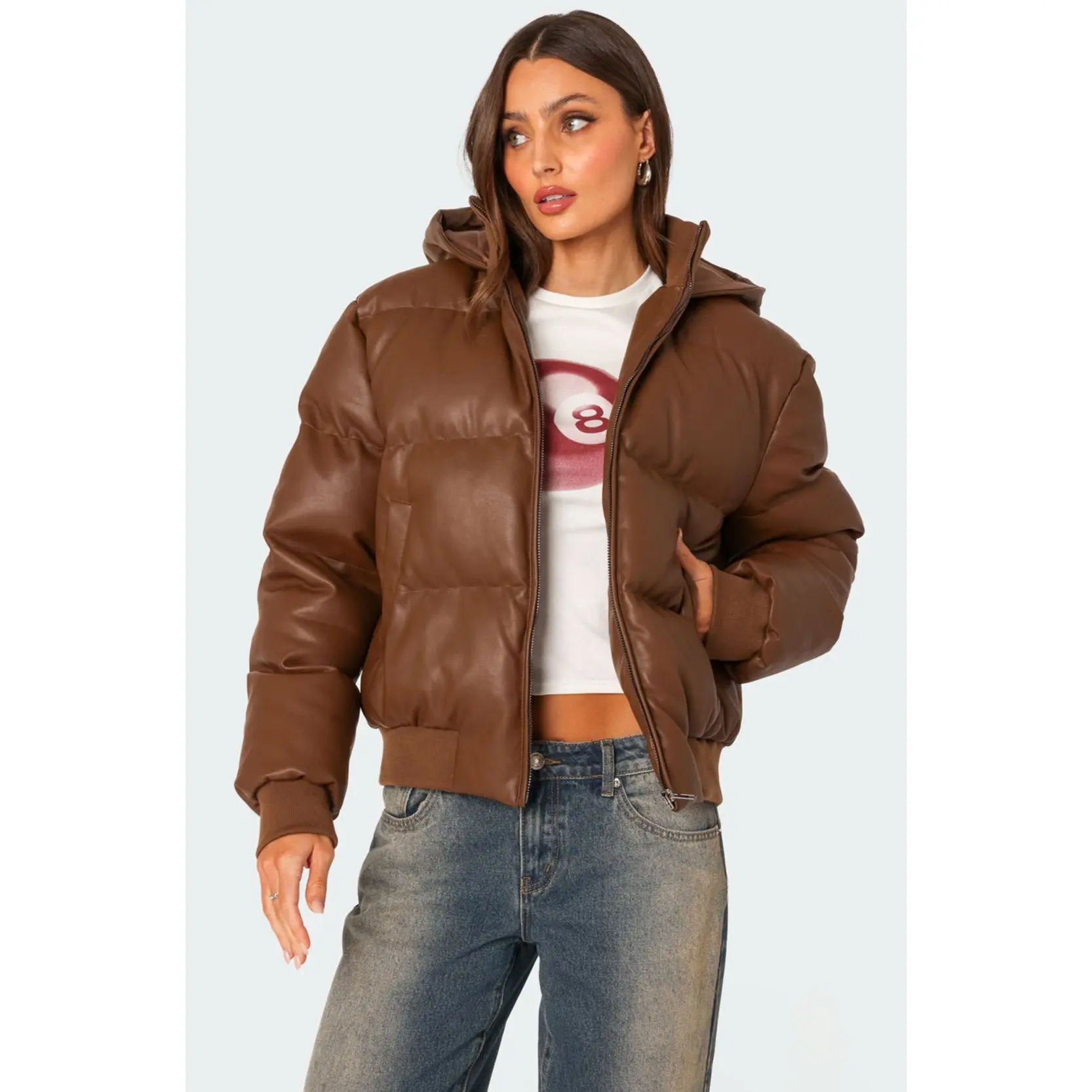 Wintry Faux Leather Hooded Puffer