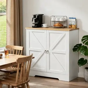 Buffet Cabinet with Storage, 32” Farmhouse Sideboard with Adjustable Shelves, Kitchen Storage Cabinet, Coffee Bar Station, for Dining Room, Living Room, White and Natural
