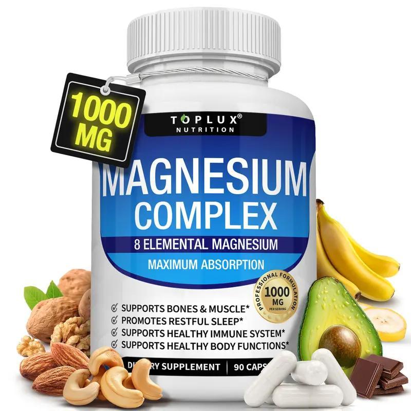 3x TopLux Nutrition Magnesium Complex 1000mg 90 Capsules 7 Elemental Sources Men Women Bone Muscle Sleep Immune Support Nature Decent Fitness Dietary Supplement Malate Taurate Chelated for Easy Absorption for Bones Muscle Recovery Energy