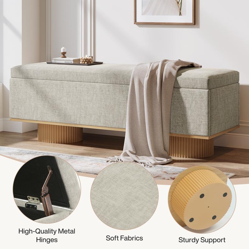 LITTLE TREE 50.39" Storage Bench with Padded Seat Cushion, Upholstered Shoe Bench with Flip Up Storage for Bedroom, Living Room, Entryway, Load up to 330 lb, Beige + Wood Color