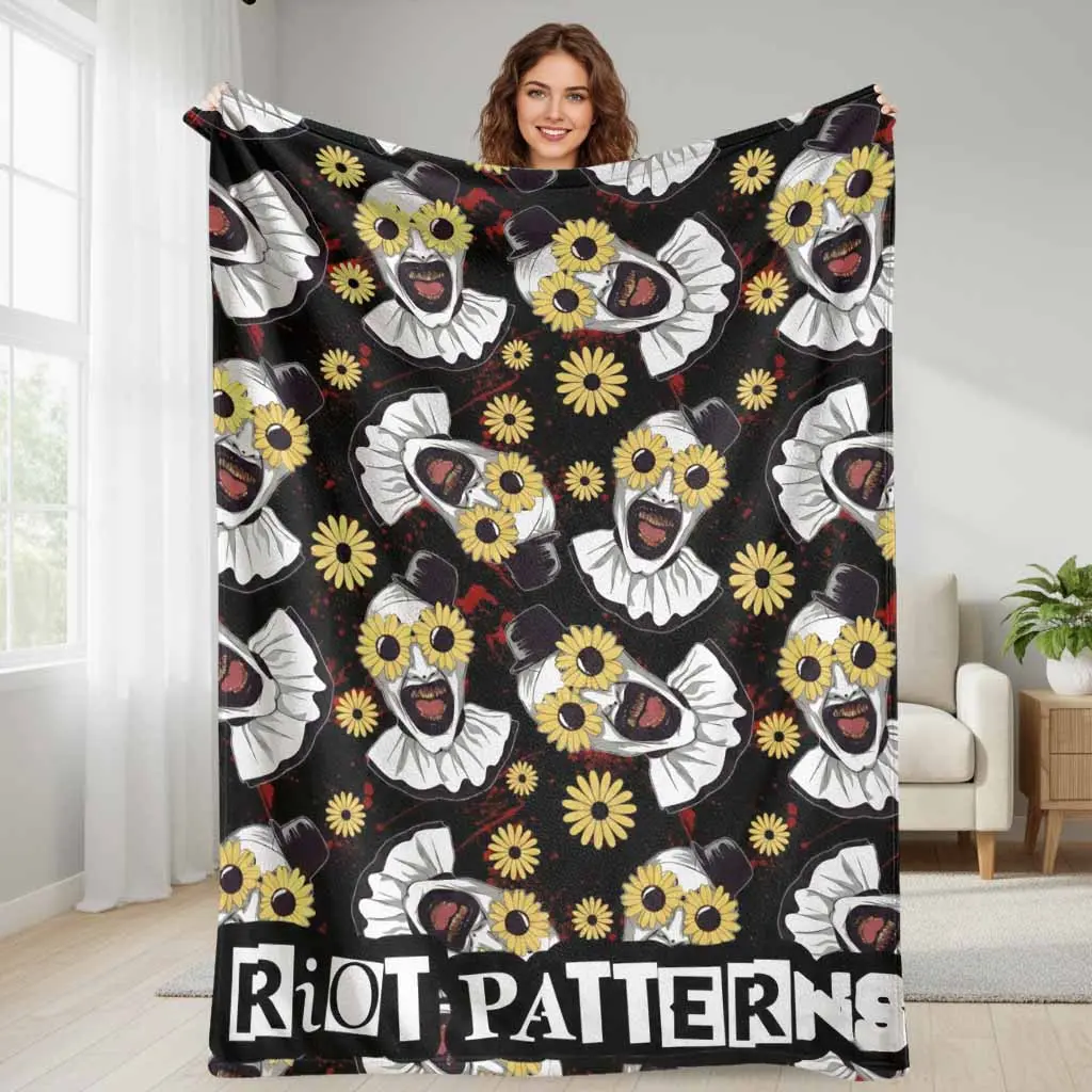 Soft Flannel Throw Blanket - Cozy Setup, Aesthetic Room Plush, Wrinkle Resistant, Breathable, Durable, Lightweight, Terrifier Clown Faces & Daisy Flower Pattern, 30*40 in, Machine Washable, Vivid Print Stays, Ideal for Home Decor, Sofa Gifting