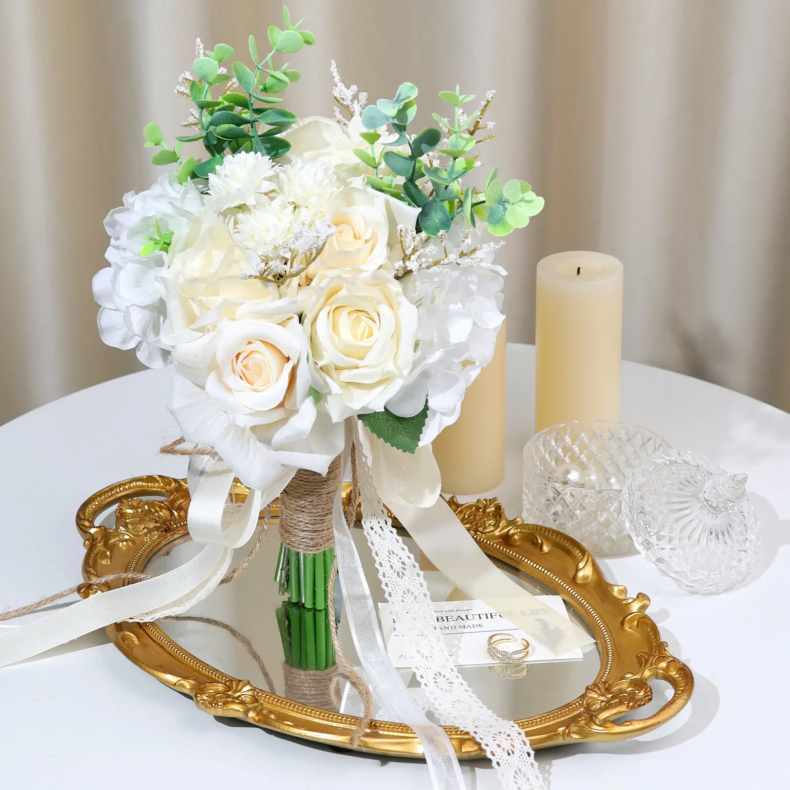 3pcs Plastic Artificial Flower Arrangement Combination Pack - Style 2: Bouquet+Wrist Flower+Corsage, Western Wedding Bride-Bridesmaid Handheld Bouquet with Lace Ribbon, Church Decor, Box-Included Home Decor Props for Anniversary, Birthday