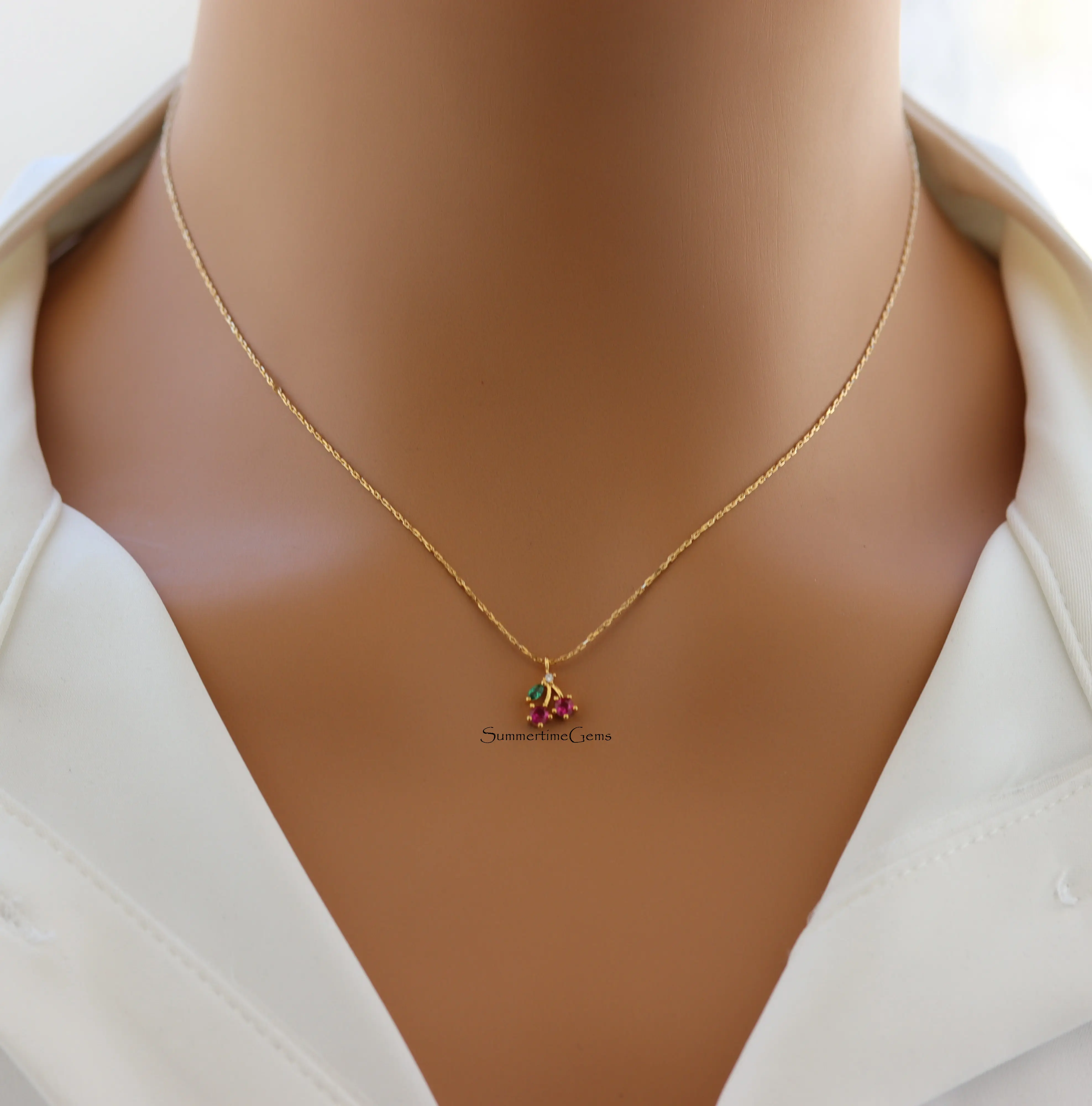 18K Gold Plated Mini Cherry Pendant Necklace – Cute & Dainty Fruit Jewelry for Everyday Style