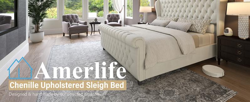 AMERLIFE Chenille Upholstered Sleigh Bed with Curved Headboard & Footboard, Deep Button Tufted, Wood Slats Support, No Box Spring Needed