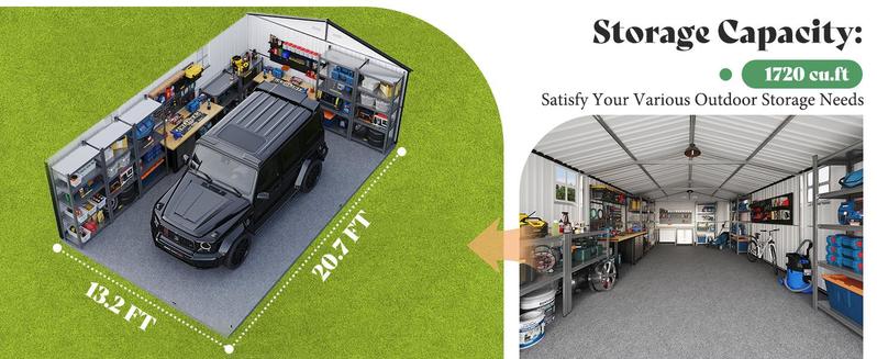 AMERLIFE Outdoor Storage Shed, Huge Metal Garage Shed with 2 Double Hinged Doors and 4 Windows, Carport for Car, Truck, Bike, Garbage Can and Lawnmower, Dark Grey/Best Gift Ideas/Christmas Gifts