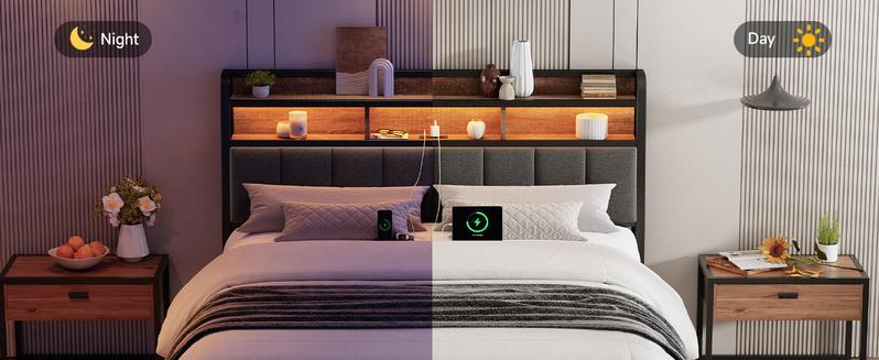 【Valentine's Day gift】ONBRILL Queen/King Size Headboard with 2-Tier Storage, Uphlstered Headboard with LED Light & USB Ports,【HeadBoardOnly】, Height Adjustable, Sturdy and Stable 【Valentine's Day gift】ONBRILL Queen/King Size Headboard with 2-Tier Storage, Uphlstered Headboard with LED Light & USB Ports,【HeadBoardOnly】, Height Adjustable, Sturdy and Stable