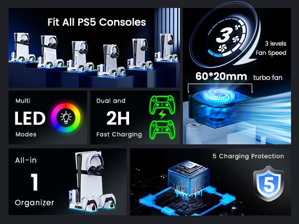 ESYWEN PS5 Cooling Fan Dock & Charging Station with Turbo Fan, 6 Game Card Slots, Dual Controller Charger, RGB Lights, Remote Holder, Compatible with PS5 2020/2023 Slim/2024 Pro Models (Disc & Digital)