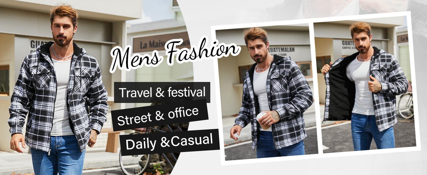 ZITY Men's Green Warm Sherpa Lined Flannel Jacket Fleece Hoodie Plaid Zip Up Outdoor Winter Coat Casual Workwear Tops Checked heated jacket Long Sleeve Tights Menswear