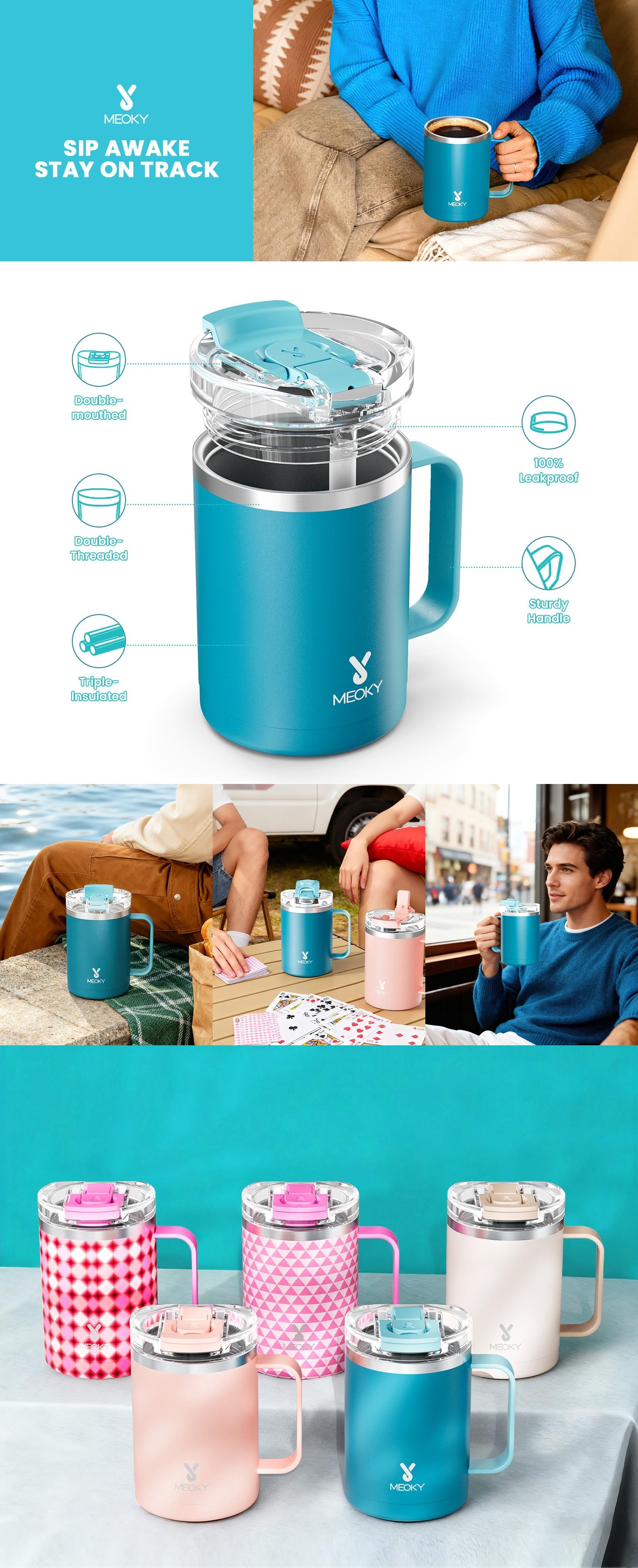【MEOKY】NEW 14 oz Insulated Coffee Mug,Hot Water Mug,Stainless Steel Tumbler with Dual-Drinking Lid (Sip & Straw), Non-Slip Silicone Base, Perfect for Office, Home and School creative cup