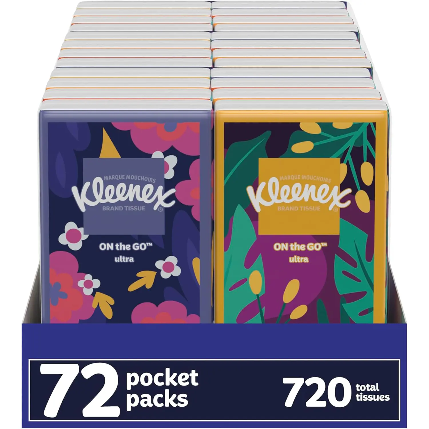 Kleenex On-The-Go Facial Tissues, 72 On-The-Go Packs (3 Trays of 24 Packs), 10 Tissues per Box (720 Total), 3-Ply, Packaging May Vary