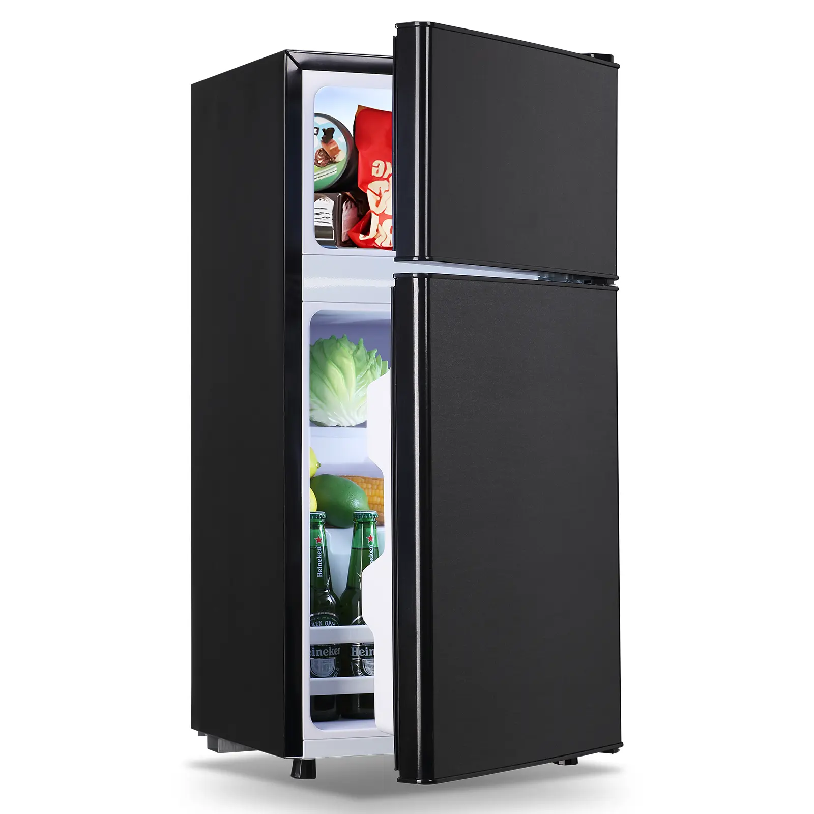 WANAI 2.4Cu.ft Dual Door Compact Portable Fridge with Freezing Zone & Freezer - Corded Appliance, 7 Temp Gears for Bedroom Small Spaces Personal Use (Silver/Black), Mini Fridge