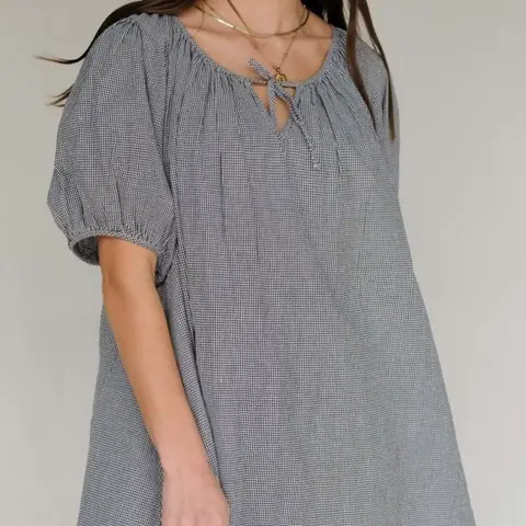 TANKANEO Women's Plus Size Casual Check A-Line Mini Dress - Elastic Adjustable V-Neck Tie, Soft Breathable Puffy Sleeves, Loose Slip-On Fabric for Everyday Vacation Style, Flattering Fit (Plus Size Clothes)