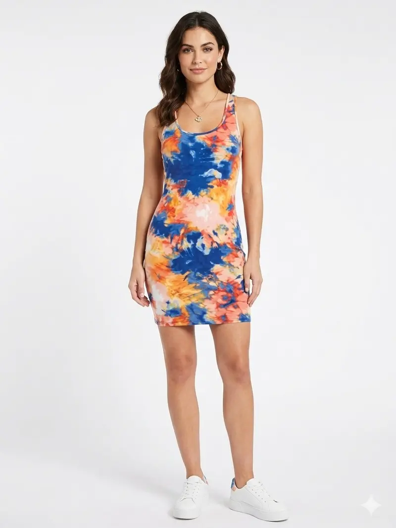 tie dye bodycon mini dress Olivaceous Groovy Vibes Pink and Blue Tie-Dye Tank Dress - Size S - Lightweight Knit - Square Neckline - Bodycon Bodice main image 1