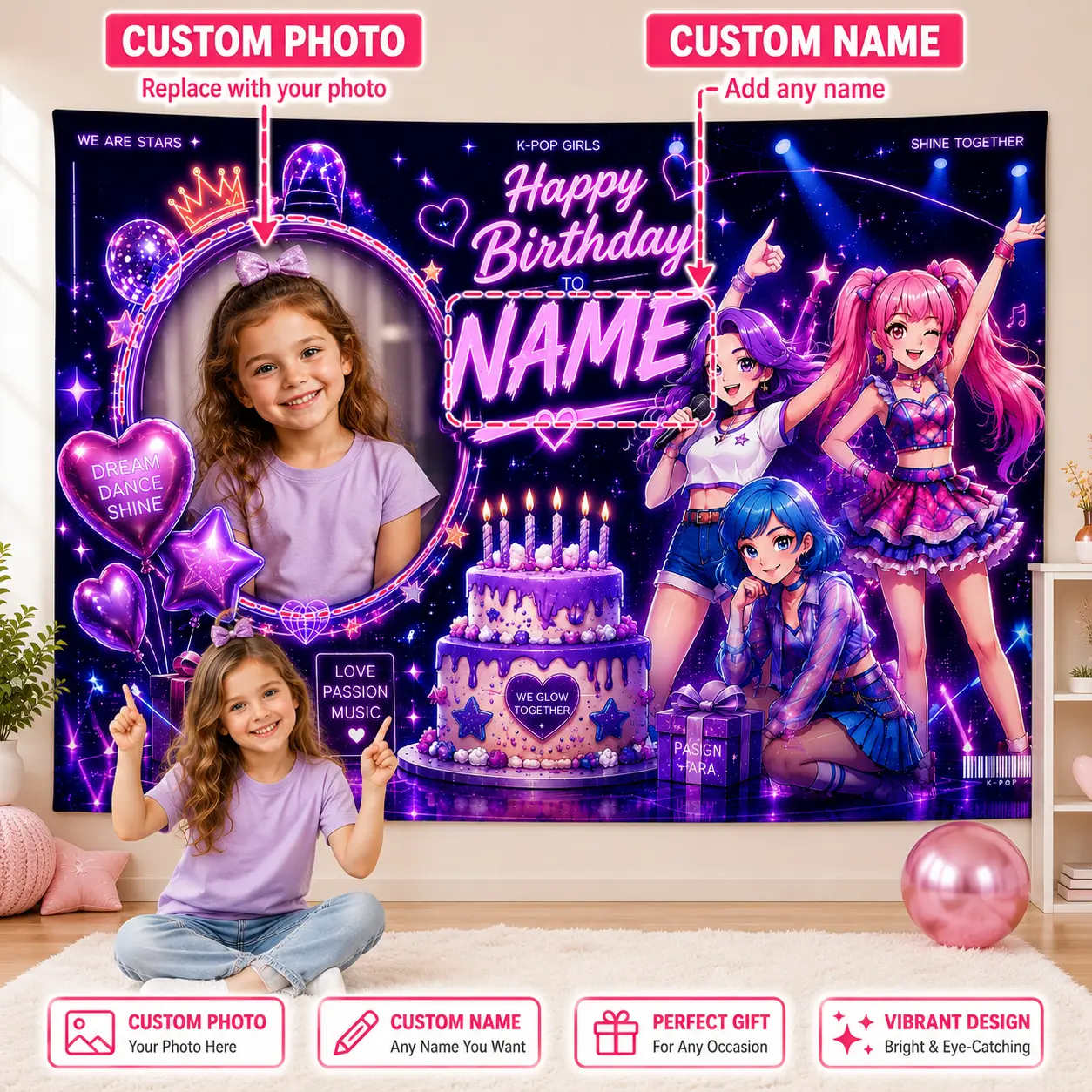 Custom Photo Name Purple Star Birthday Backdrop - Colorful Neon Decor Banner for Room Decor, Festive Party Supplies, Banners, Heart Festive Backdrops & Banners
