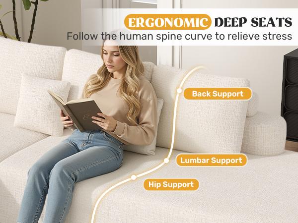 【2 Packages shipping】112" Modular Curved Cloud Couch, Oversized Couches for Living Room, Modern Boneless Sectional Sofa with Deep Seat, Chenille Foam Couch, No Assembly Required, Beige, 1PCS