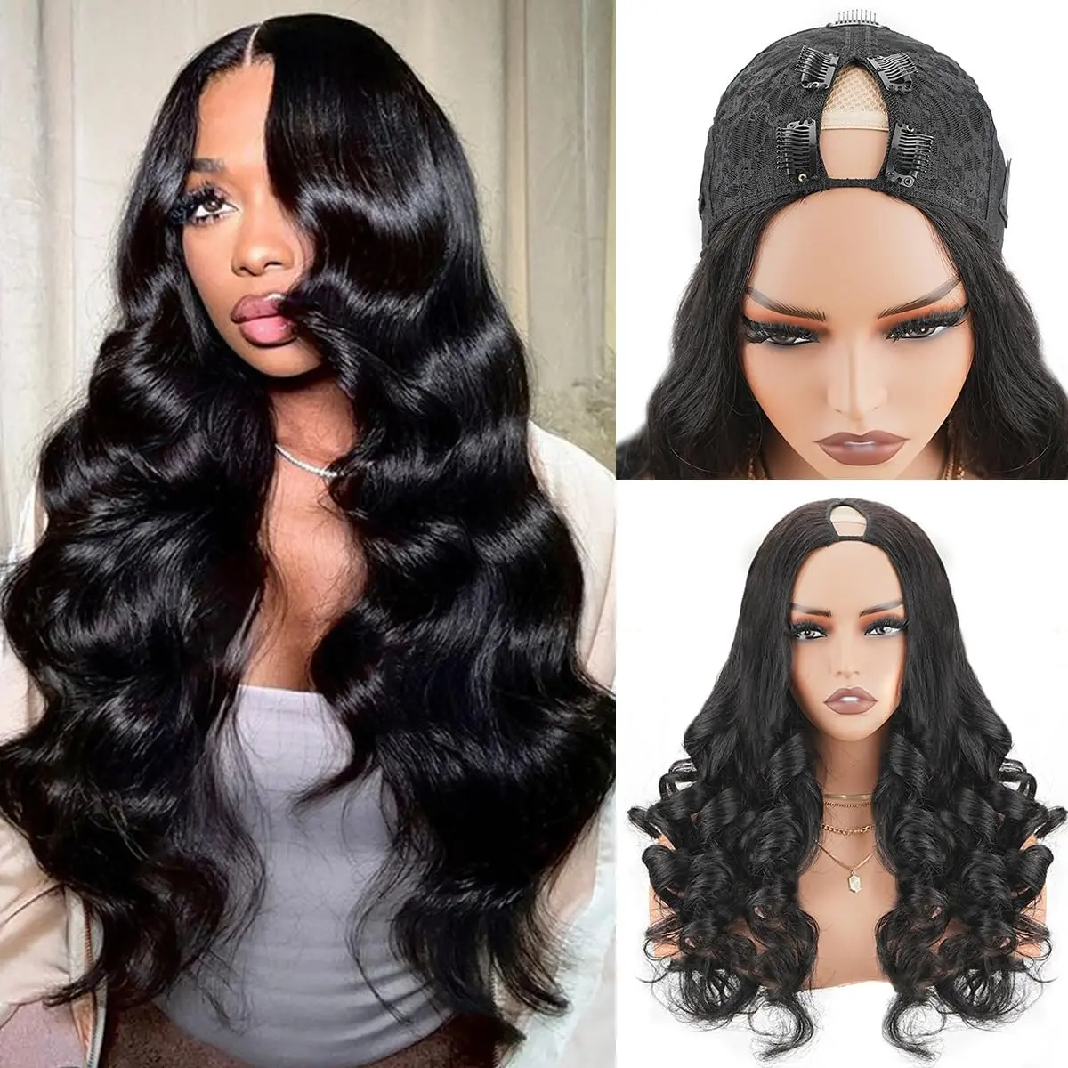 LADIARYF Female V-Part Human Hair Wig, Glueless Wavy Half Wig with Secure Drawstring, 180% Density V-Part Cut, Beginner-Friendly No Leave Out No Sew In Natural Black