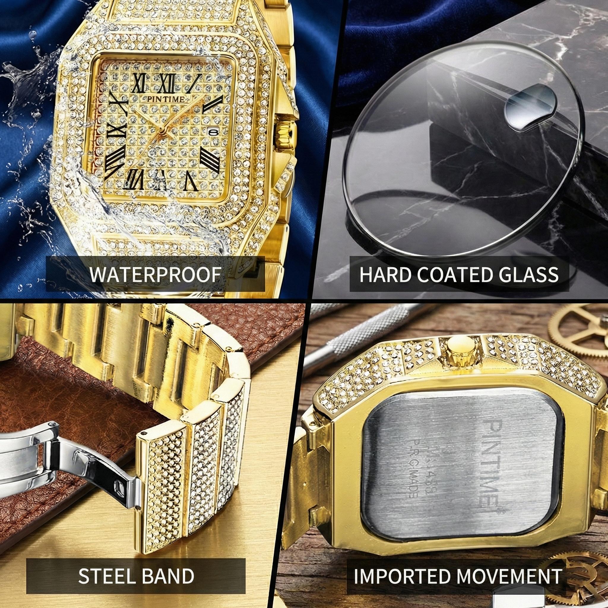 Fashion Hip Hop Men's Crystal Watch Bling Bling Watch Rectangle Case Stainless Steel Quartz Analog Bracelet Wristwatch
