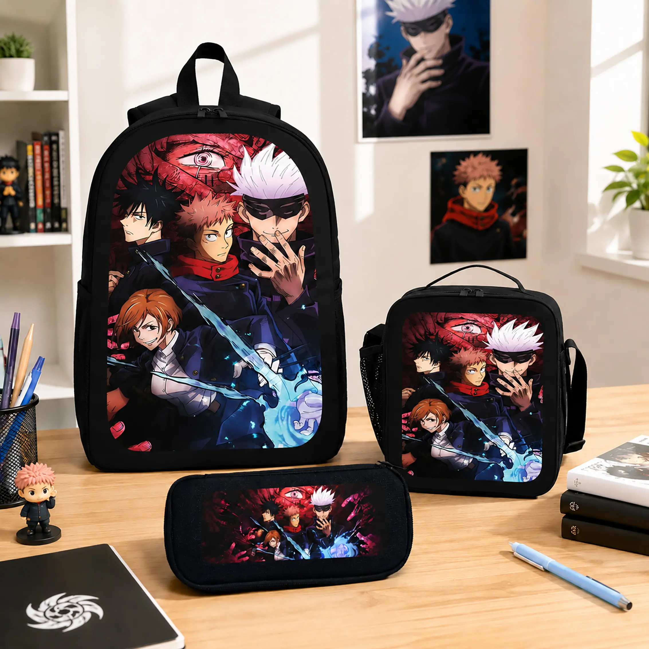 Jujutsu Kaisen Synthetic 3-Piece Anime Set - Polyester Classroom Bag, Lunch Bag, Pencil Case, Back to School Haul, Cute Anime Graphic Gift for Teens (Gojo Satoru Sukuna Fan) Lightweight Durable