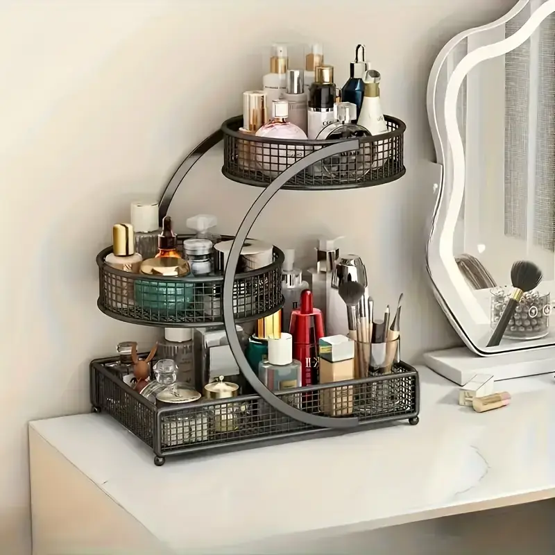 Retro Eco-Friendly Metal Multilayer Storage Makeup Organizer Box - Bathroom Storage, Portable Vanity Holder with Retro Spiral Style, Brushes Stay Sorted for Beauty Products, Lipstick, Jewelry, Lightweight Home Organizer, Storage Organizer