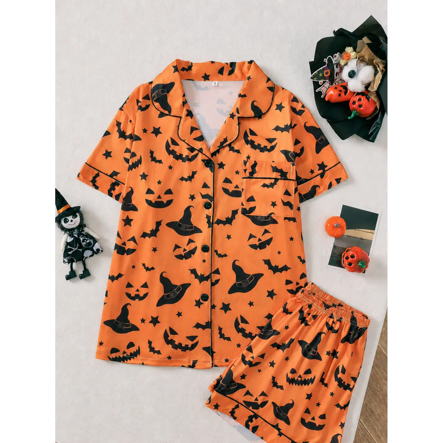 Women's Halloween Pajama Set: Pumpkin Witch Hat Bat Print, Short Sleeve Top & Loose Shorts, All-Season Loungewear