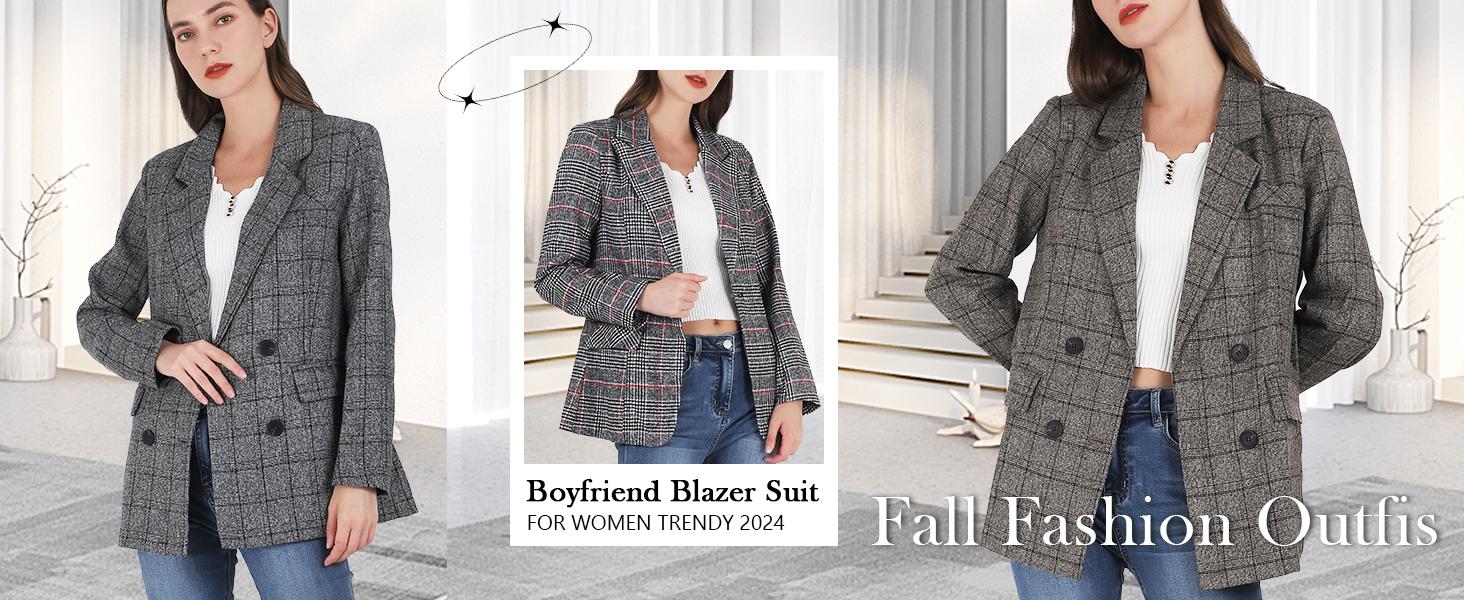 Ebossy Women's Houndstooth Plaid Blazer Jacket Notch Lapel Boyfriend Suit Casual Long Sleeve Fitted Outerwear with Flap Pockets Machine Washable Ebossy Women's Houndstooth Plaid Blazer Jacket Notch Lapel Boyfriend Suit Casual Long Sleeve Fitted Outerwear with Flap Pockets Machine Washable