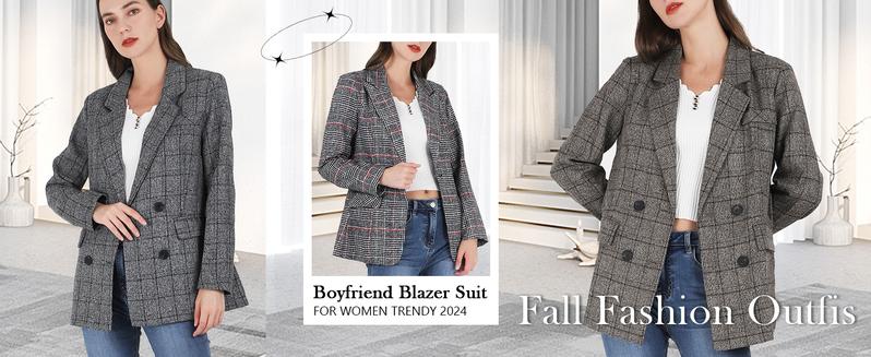 Ebossy Women's Houndstooth Plaid Blazer Jacket Notch Lapel Boyfriend Suit Casual Long Sleeve Fitted Outerwear with Flap Pockets Machine Washable