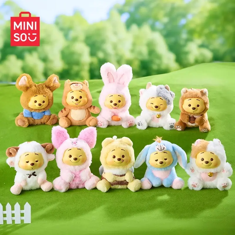 MINISO Winnie the Pooh Playful Party Series Soft Plush Keychain Figurines - Whimsical Pooh Party Vibe, Comfy to Hold Soft Vinyl, Blind Bag Figurines, Statues & Bobbleheads, Backpack Charms, Mystery Blind Box Gifts for Kids, Back-to-School Gifts
