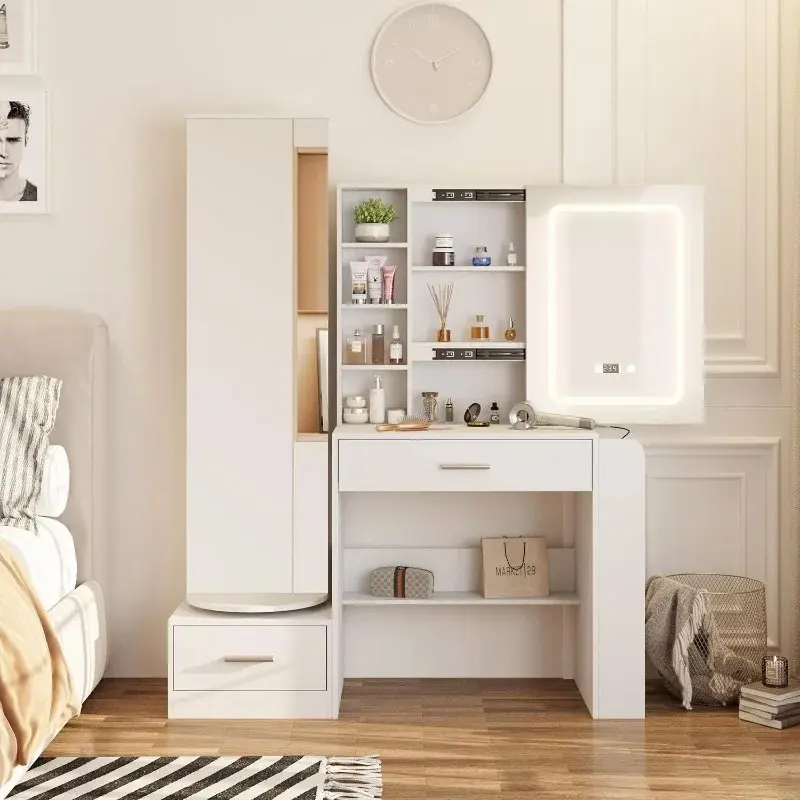 White Vanity Desk with Full Length Mirror and Lights Mirror Makeup Vanity Table with 2 Large Storage Drawers Dressing Table