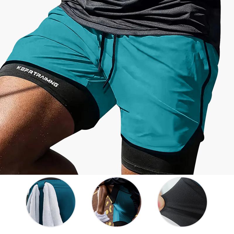 Men's two-piece double-layer sports shorts in solid color, with multiple pockets, suitable for fitness, running, outdoor hiking, soccer, beach and casual wear.