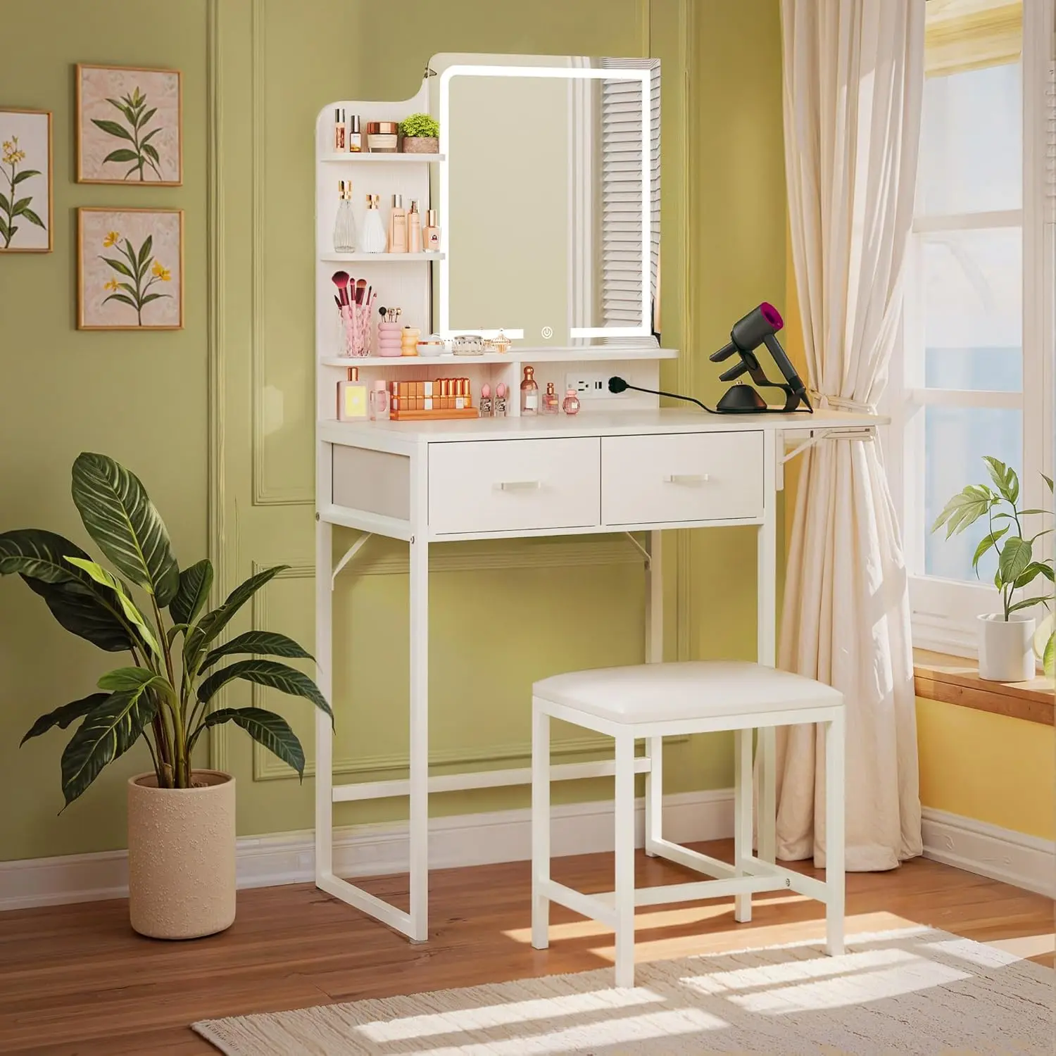 Small Vanity Desk with Mirror and Lights, Makeup Vanity with Fabric Storage Drawer, Chair and Three Shelves, White Vanity with Power Outlet and Fold-up Panel, Bedroom,dorm essentials,home decor