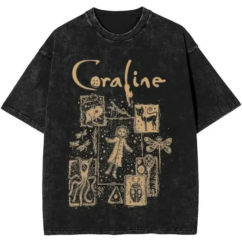 Double-sided printed cotton short-sleeve acid-washed vintage street style T-shirt, casual T-shirt, unisex sports mysterious design printed top - Patterned T-shirt