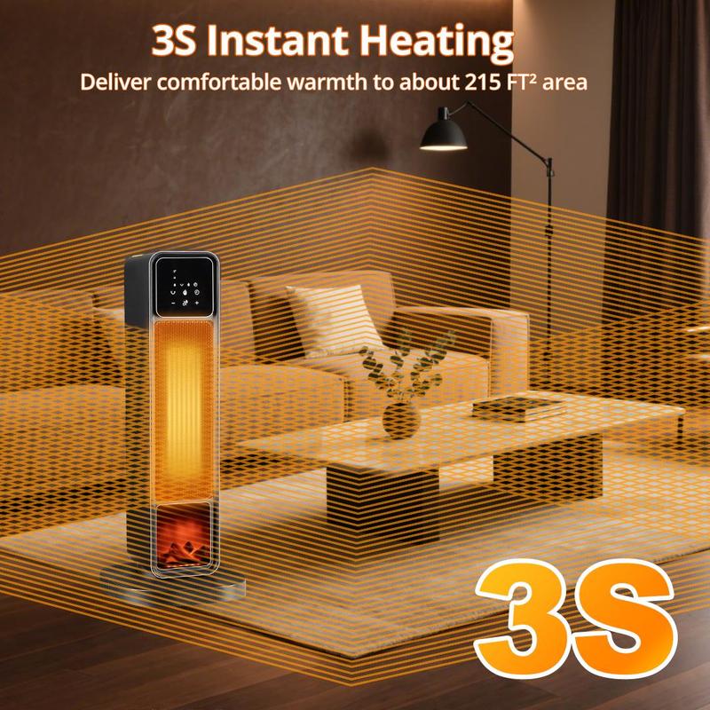 Space Heaters for Indoor Use 1500W PTC Electric Fireplace Heater with 90° Oscillation Child Lock Tip-over Protection Eco Mode 12h Timer Remote Control 3D Flame Effect Home & Office Heating System