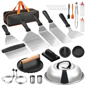 VEVOR 28PCS Griddle Accessories Kit,  Flat Top Grill Accessory, Enlarged Spatula Gift Set, Stainless Steel Grilling Tools with Basting Cover, Tong, Burger Press, Carry Bag, for Outdoor BBQ Teppanyaki