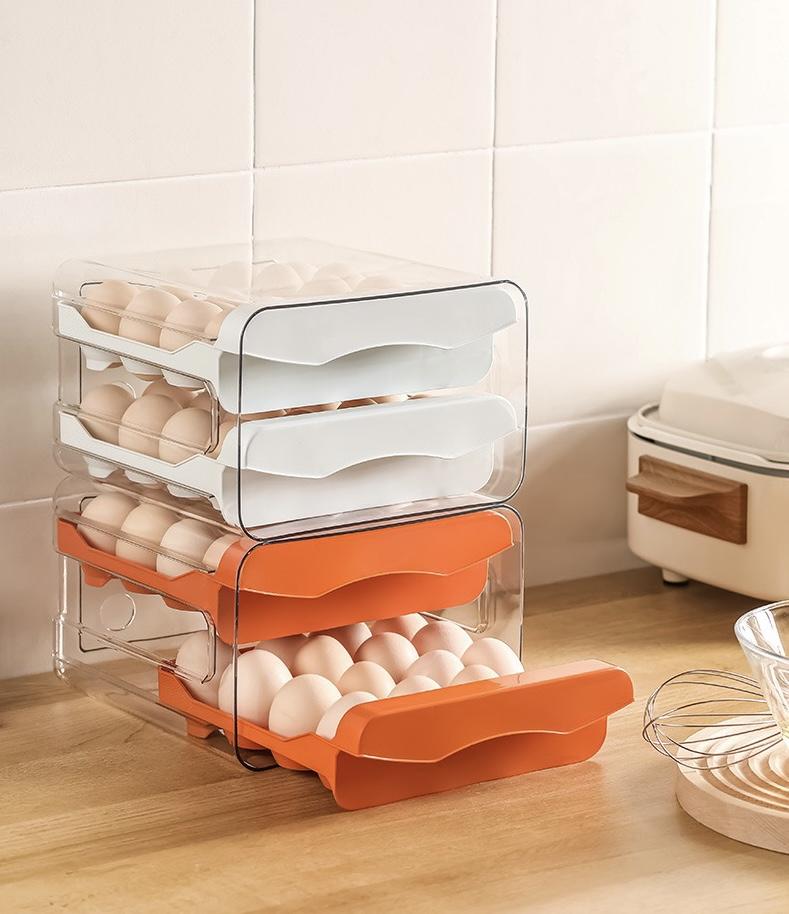 Egg Organizer Container for Fridge - Refrigerator Storage Holder Tray: Eggs Plastic Drawer Bins, Clear Box, Stackable Large Containers Refrigerator Organizer Bins,60 Grids Egg Container for Refrigerator,2Layers Egg Tray, Clear Egg Organizer,Kitchen Gabget