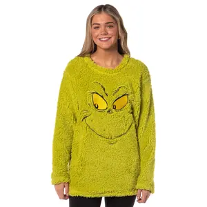 Dr. Seuss How The Grinch Stole Christmas Embroiderd Face Adult Long Sleeve Oversized Fleece Sleep Shirt Men Women