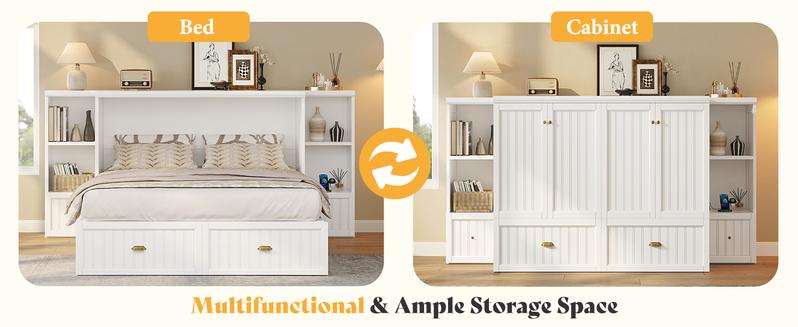 [Ships in 2 Boxes] AMERLIFE Murphy Bed with Bedside Tables, Foldable Cabinet with 3 Storage Drawers & Charging Station, Farmhouse Hideaway Bed for Bedroom/Office/Guest Room