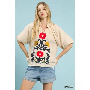 Umgee Embroidered Boho Puff Sleeve Blouse
