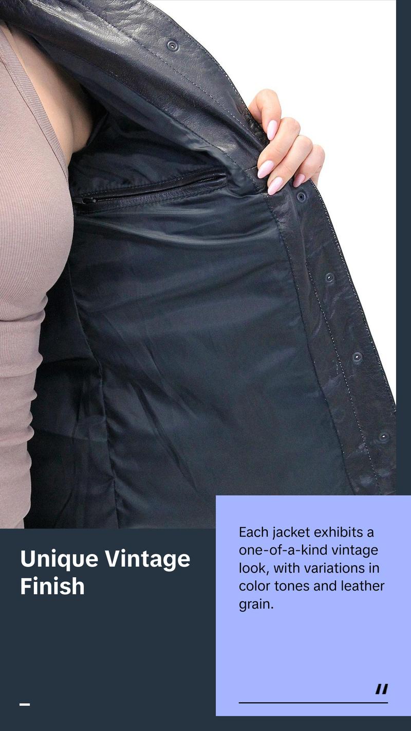 JAMIN LEATHER® Vintage Black Women's Long Leather Jean Jacket #LA2010LZK - Premium Soft Buffalo Leather, Dual Concealed Pockets, Snap Front, Minimalist Design, Available in Sizes S-5X