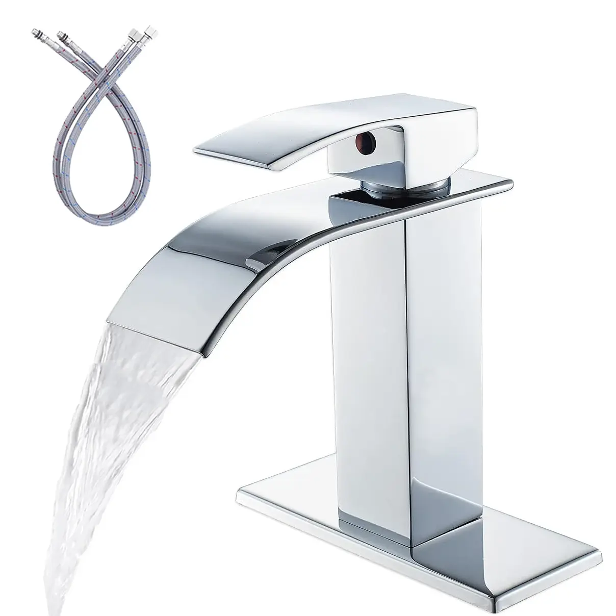 Waterfall Bathroom Faucet Matte Silver Faucet for Bathroom Sink Single Handle Mixer Tap Lavatory Vanity Faucet with Deck Plate and Pop Up Drain, 1 or 3 Hole