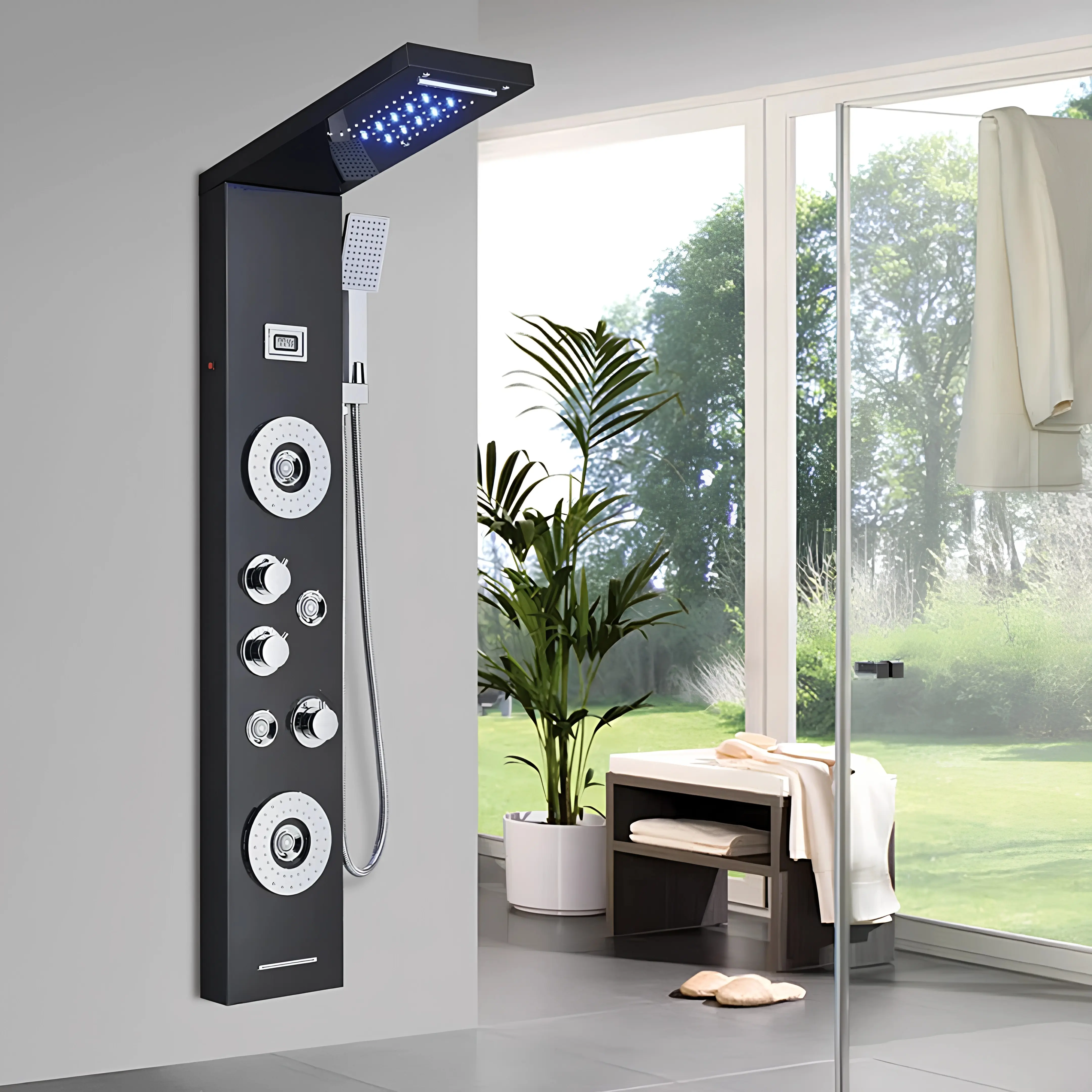 Matte Black Wall-Mount Shower Panel Tower with LED Rainfall Showerhead, High-Pressure Waterfall Massage Jets, Tub Tap Fixture, LED Display, Orb Design, 1/2" FIP Connection, 1.8gpm Stainless Steel for Bathroom Home Improvement