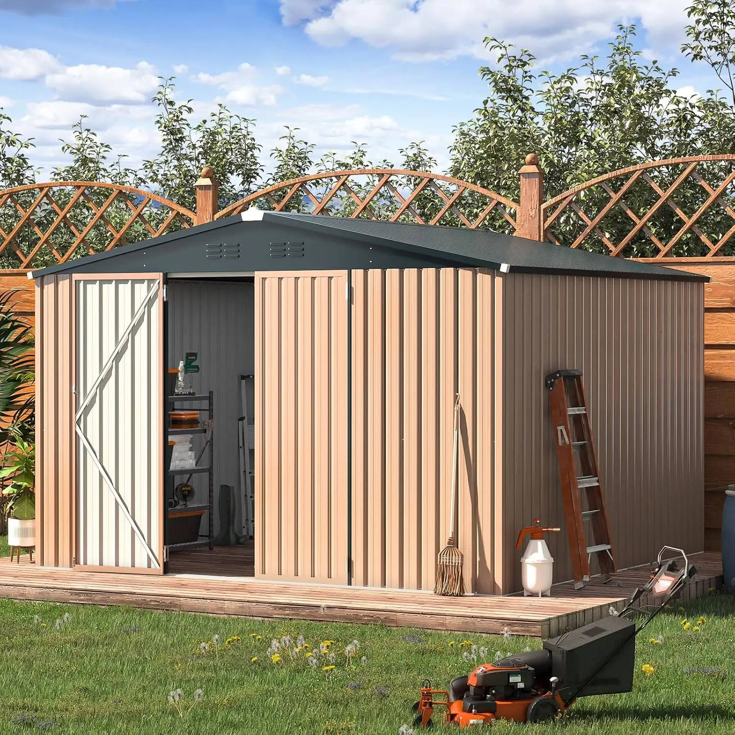 【2/3 Packages may arrived at different times】AECOJOY Metal Storage Shed Lockable Doors Steel Frame Galvanized Coating Suitable for Garden Backyard Air Vents Sloped Roof Durable Design Spacious Storage Modern Organizer Patio White Wood