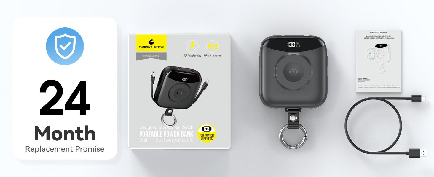 10000mAh Portable Charger Power Bank, 3-in-1 Wireless Battery Pack with Built-in USB-C & Lightning Cables, 22.5W Fast Charging, LED Display for iPhone, Apple Watch & Android Chargeable