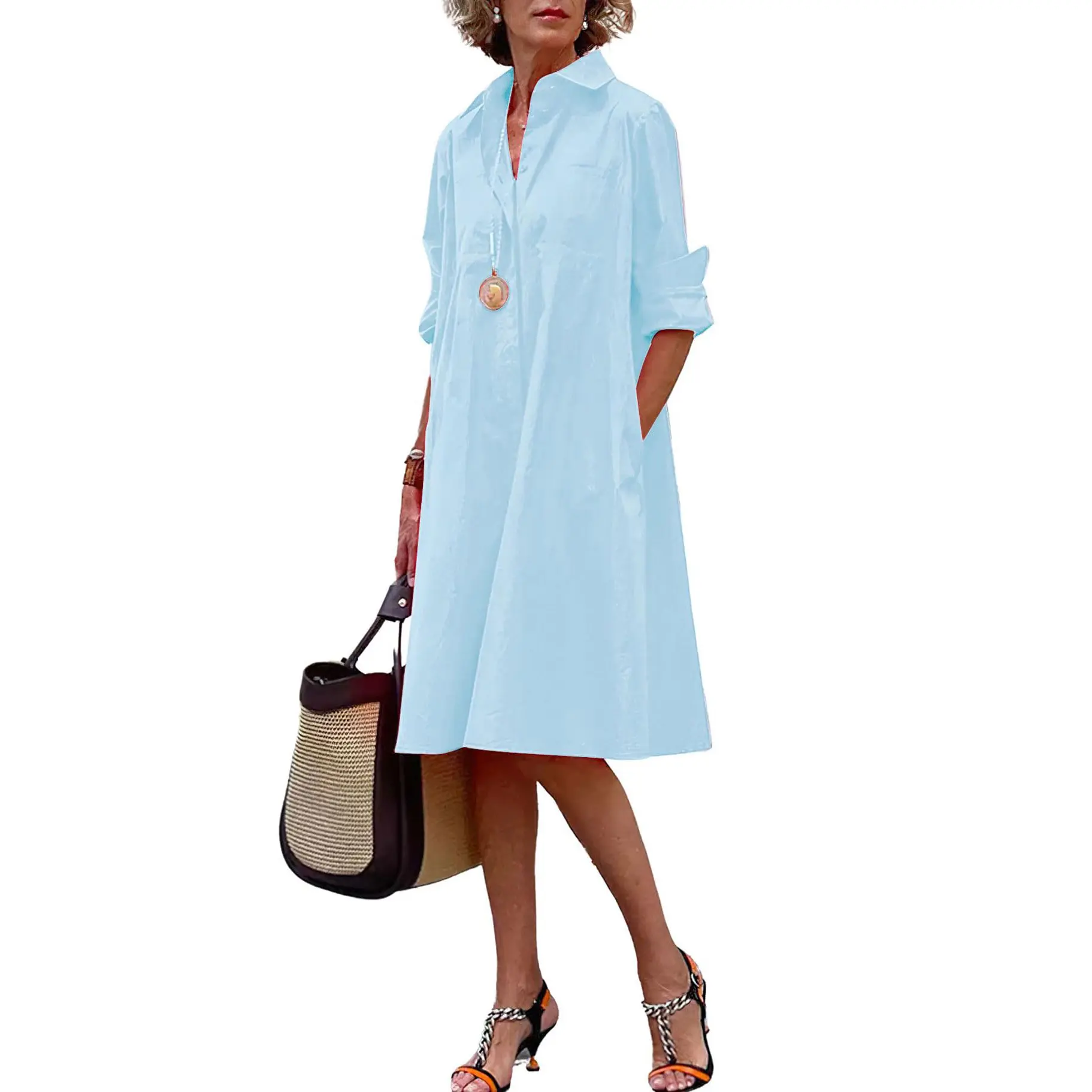 CHOUYATOU Women's Business Casual Dresses, Basic A-Line Midi Shirt Dress in Breathable Cotton Blend with Pocket, Casual Chic for Cruise OOTD, Light, Coat, Collared, Casual Wear