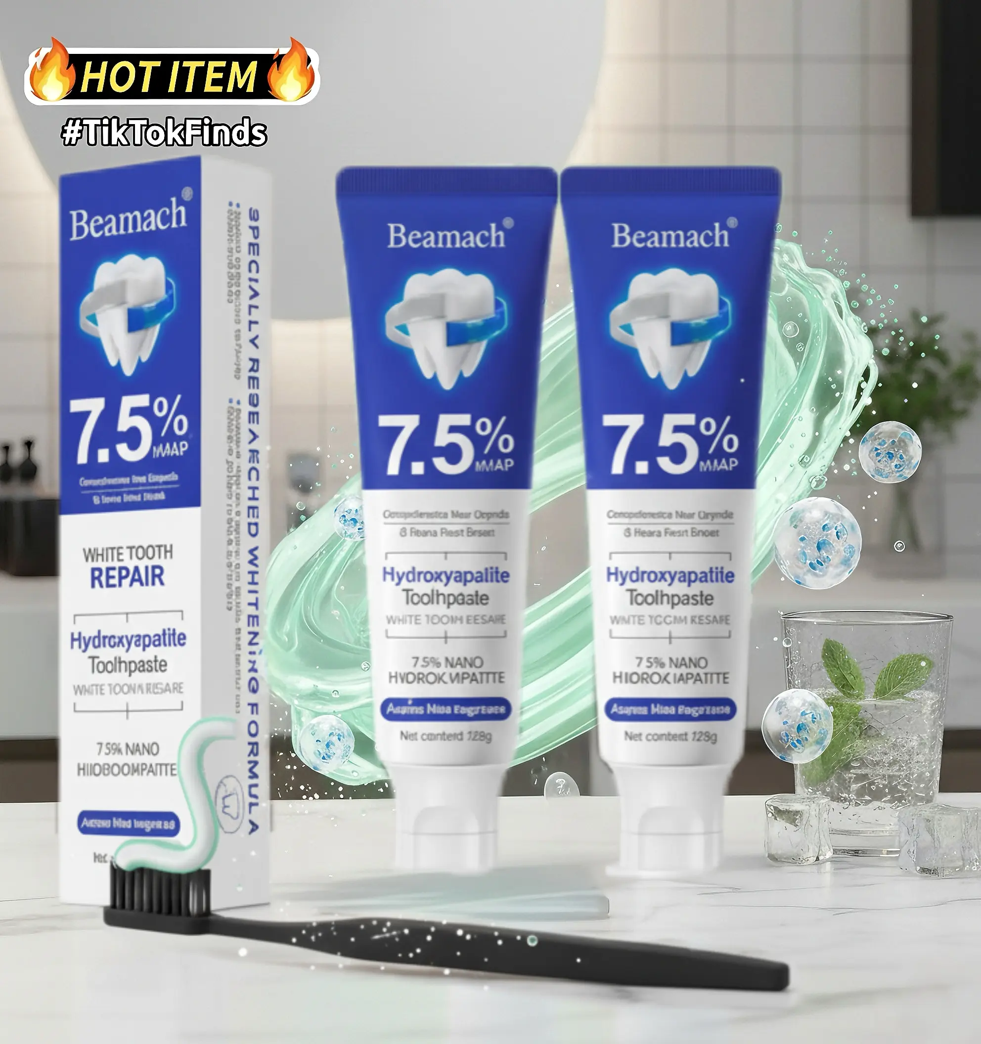 Hydroxyapatite Beamach Remineralizing Mint Toothpaste - Fluoride-Free, Gentle Formula for Sensitive Teeth, Enamel Repair, Gum Repair & Oral Daily Care, Teeth Whitening, Refreshing Flavor, 4.23oz, Remineralizing Toothpaste, Daily Care Toothpaste backtoscho