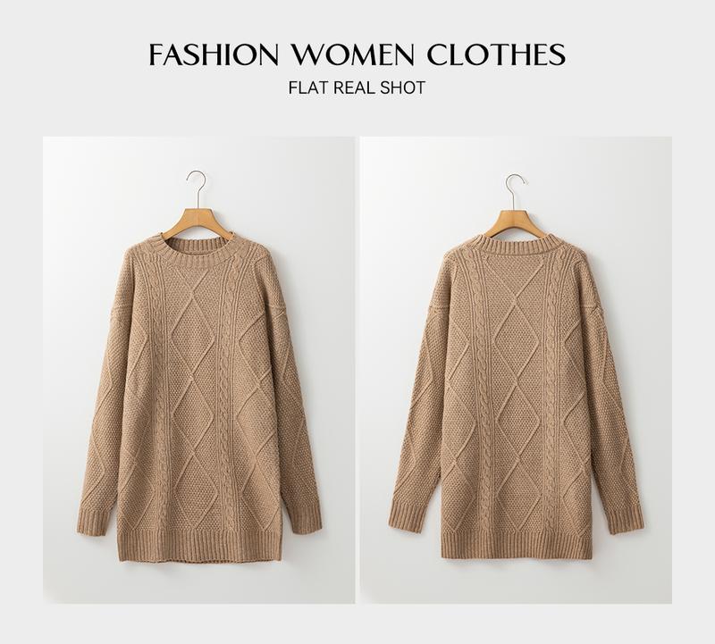Asvivid 2026 Spring Clothes For Women Cable Knit Dresses Drop Shoulder Casual Loose Fit Long Sleeve Sweater Dress for Autumn/Winter Knitwear