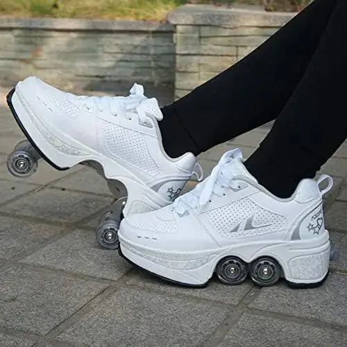 Deformation Roller Shoes - White Laced Winter Sneakers with Innovative Rolling Wheels for Enhanced Mobility & Style