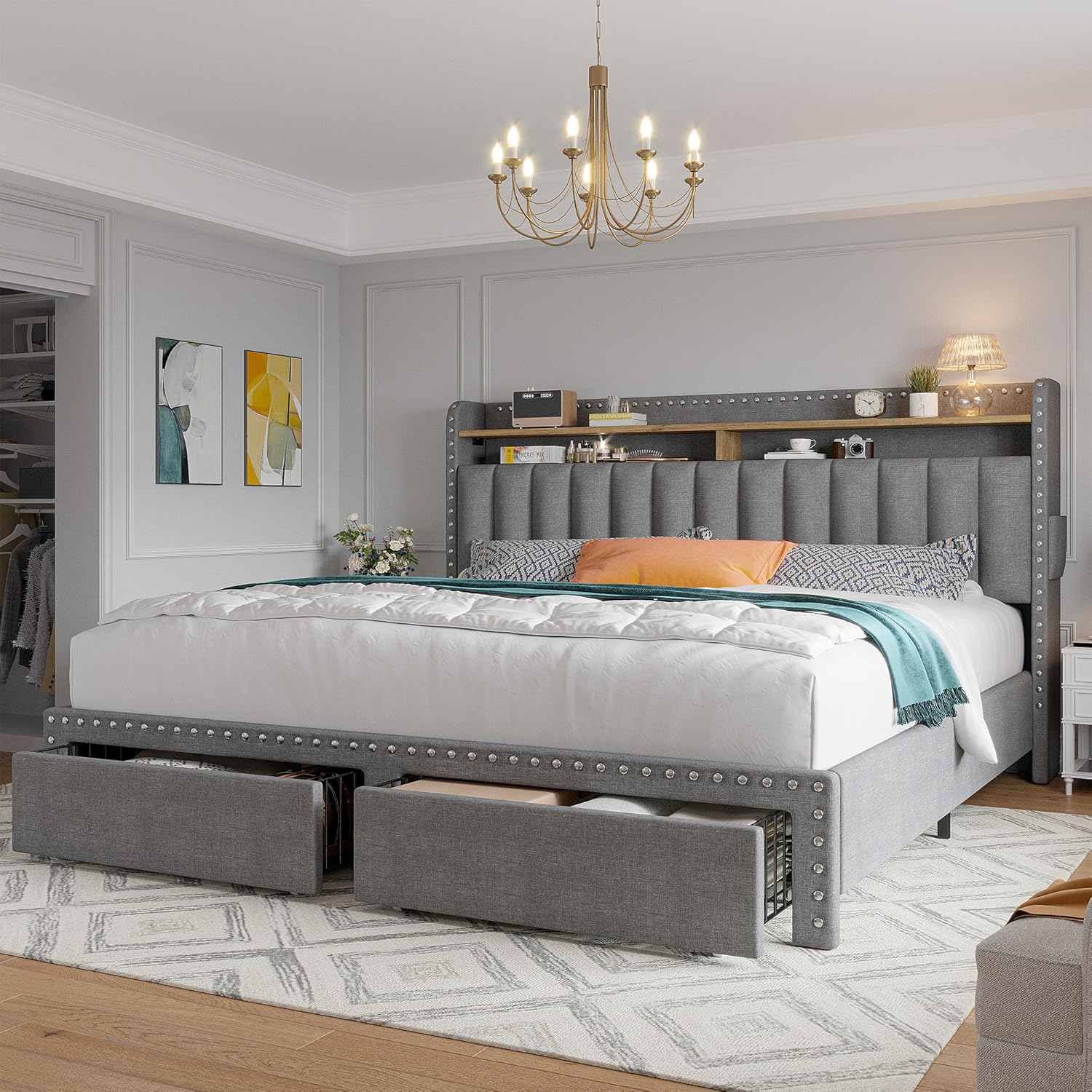 Luxury Bed Frame with Storage, NO MATTRESS, King Size bed with Headboard, Upholstered Queen or Full Size Divan Beds with 2 Drawers and Built-in Shelves